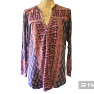 Lucky Brand Size Small Blue Pink Boho Abstract Floral Cotton Pullover Blouse